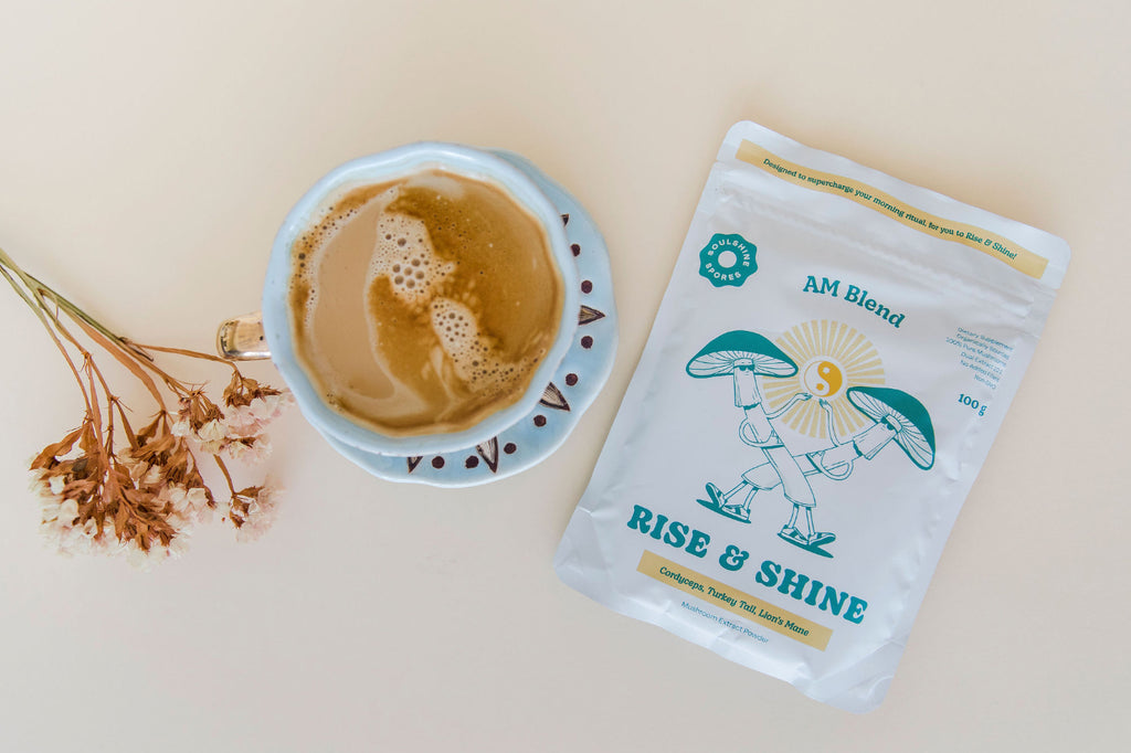 Rise & Shine Functional Mushroom Coffee. Wake up, switch on, and seize the day with this mushie-coffee-brew!