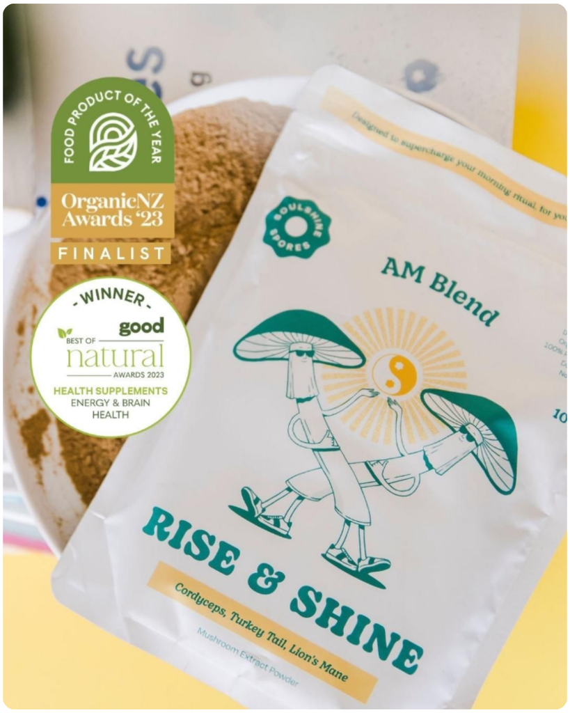 Package of 'Rise & Shine' AM Blend with branding and awards on a yellow background
