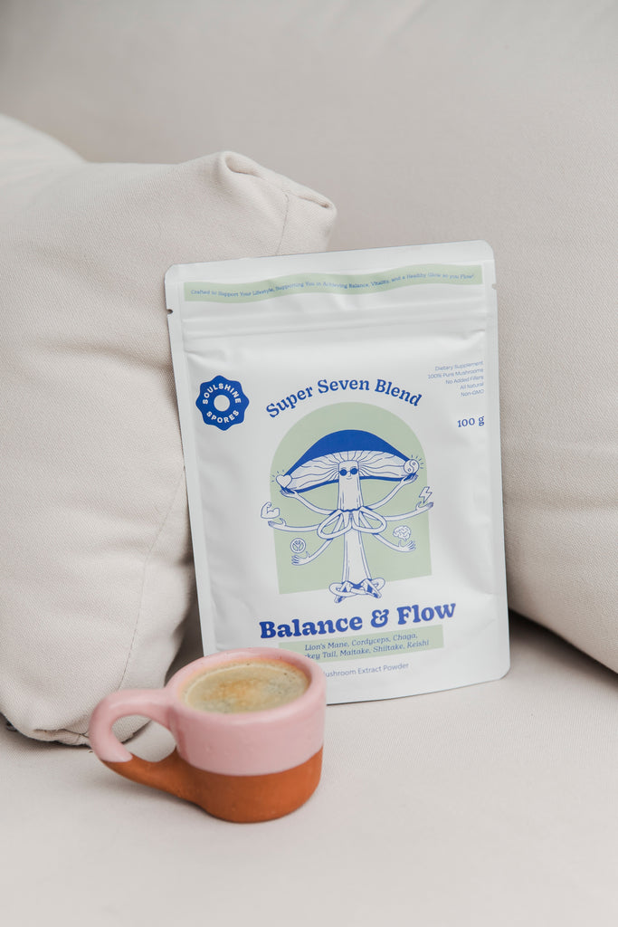 Support your daily health routine with this Super Seven Blend, featuring a harmonious combination of seven potent medicinal mushrooms: Lions Mane, Cordyceps, Chaga, Turkey Tail, Maitake, Shiitake, and Reishi.