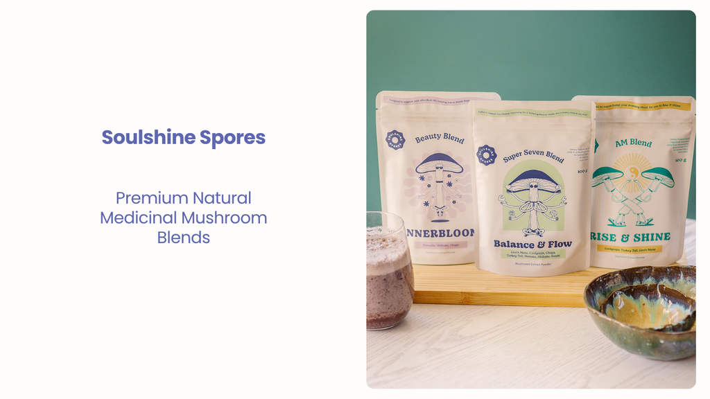 Soulshine Spores premium natural medicinal mushroom blends on a white surface with a green background.